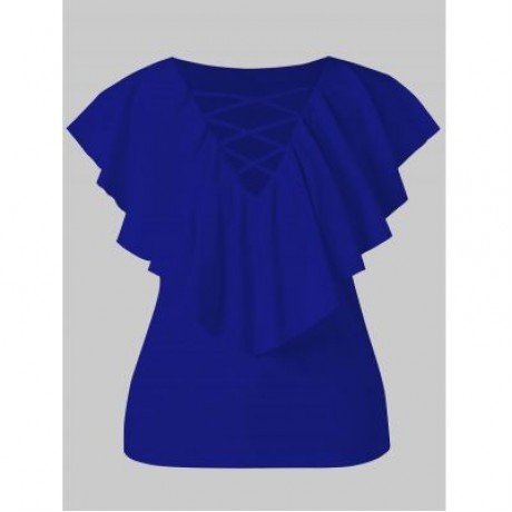 Criss Cross Plus Size Ruffle Insert T-shirt (DENIM DARK BLUE)