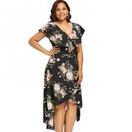 PLUS SIZE SHAWL COLLAR FLORAL PRINT HIGH LOW DRESS (BLACK)