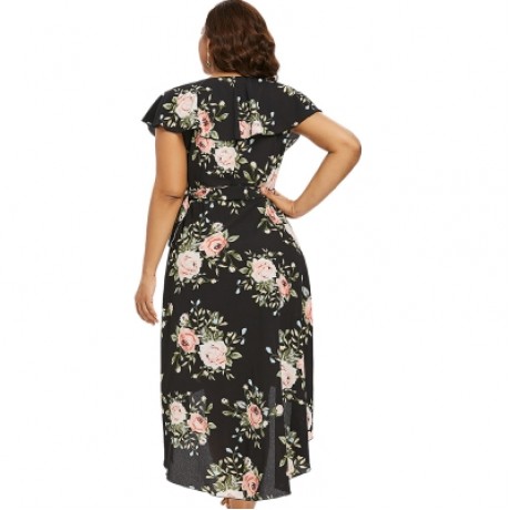 PLUS SIZE SHAWL COLLAR FLORAL PRINT HIGH LOW DRESS (BLACK)