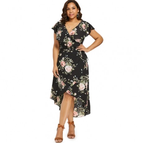 PLUS SIZE SHAWL COLLAR FLORAL PRINT HIGH LOW DRESS (BLACK)