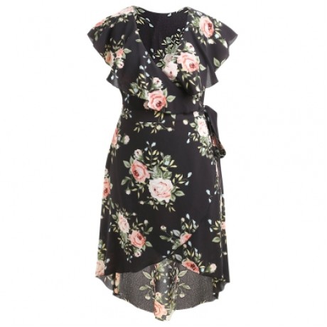 PLUS SIZE SHAWL COLLAR FLORAL PRINT HIGH LOW DRESS (BLACK)