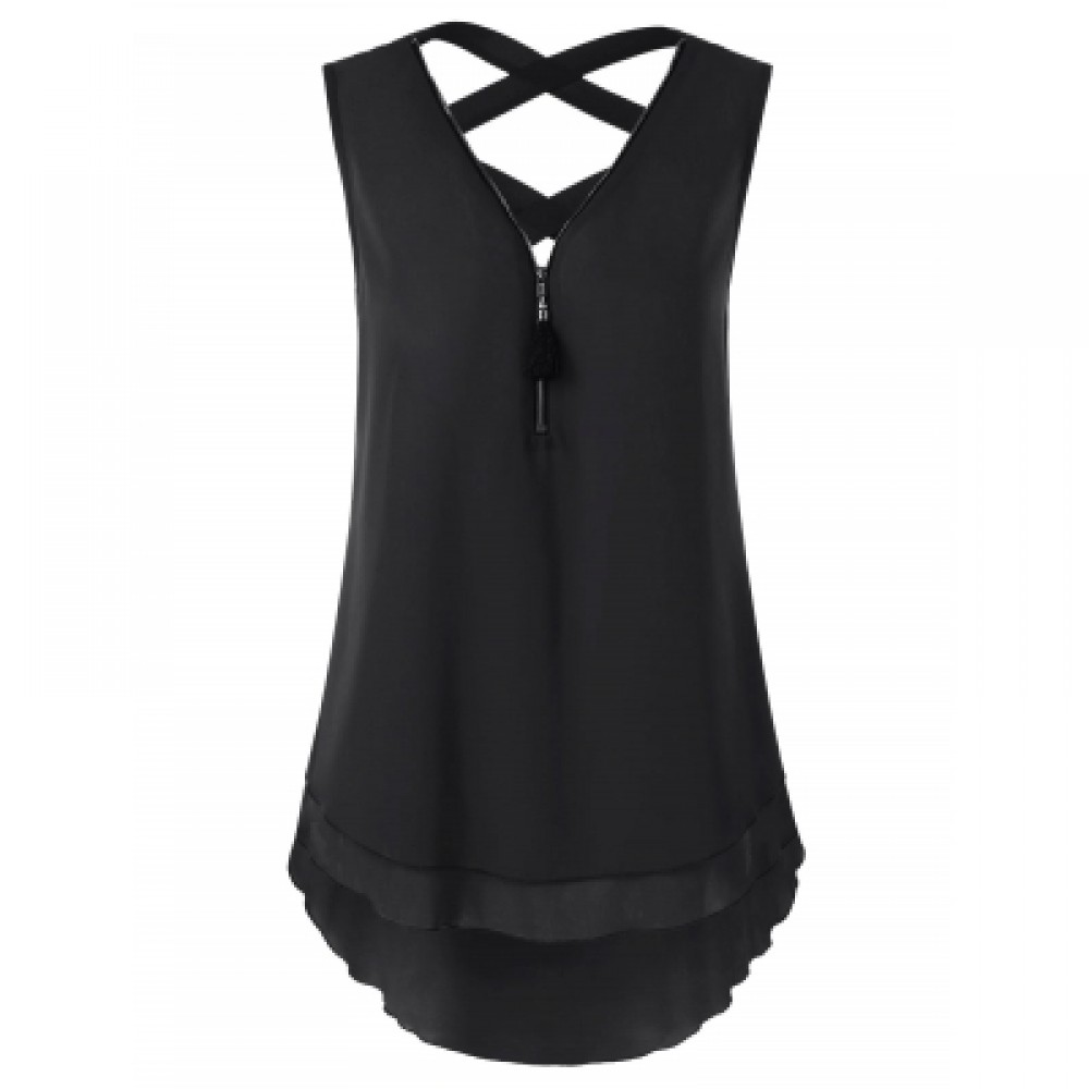 Half Zipper High Low Criss Cross Women Tank Top (BLACK)