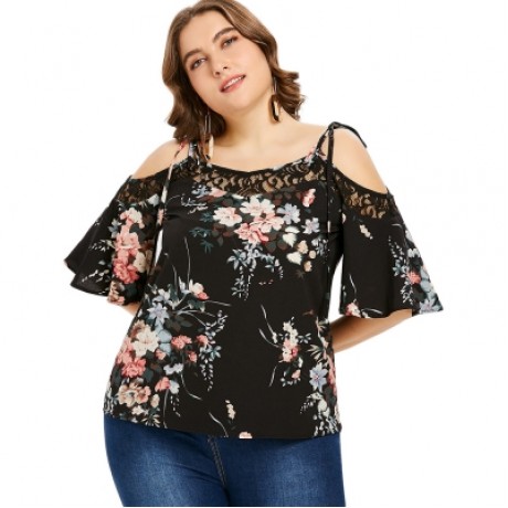 Plus Size Floral Print Lace Panel Blouse (BLACK)