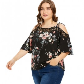 Plus Size Floral Print Lace Panel Blouse (BLACK)