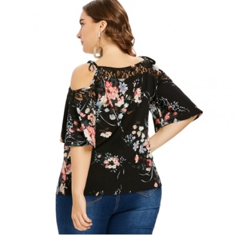 Plus Size Floral Print Lace Panel Blouse (BLACK)