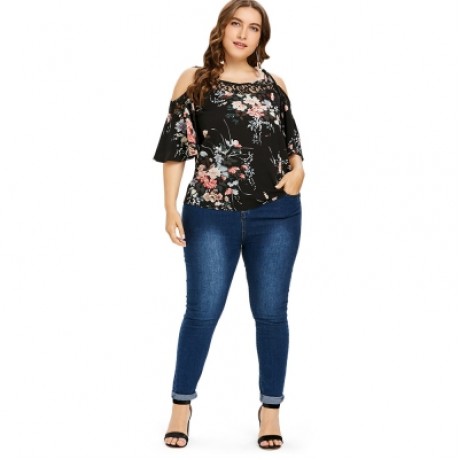 Plus Size Floral Print Lace Panel Blouse (BLACK)