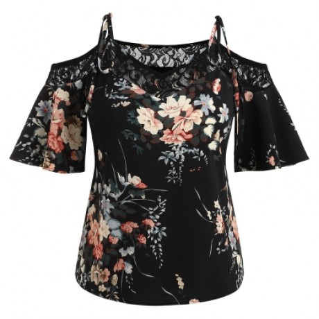 Plus Size Floral Print Lace Panel Blouse (BLACK)