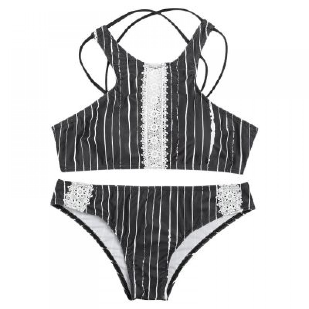Sexy Female Tied Strap Backless Striped Print Women Bikini Set Swimwear (BLACK)
