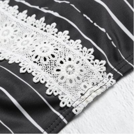 Sexy Female Tied Strap Backless Striped Print Women Bikini Set Swimwear (BLACK)