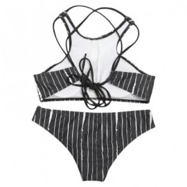 Sexy Female Tied Strap Backless Striped Print Women Bikini Set Swimwear (BLACK)