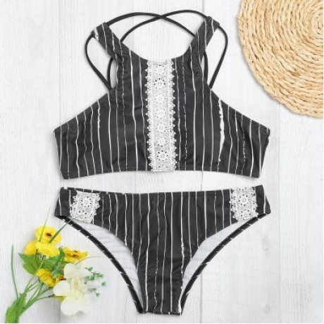 Sexy Female Tied Strap Backless Striped Print Women Bikini Set Swimwear (BLACK)
