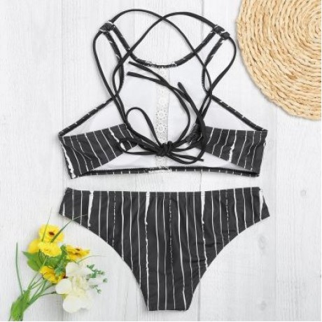 Sexy Female Tied Strap Backless Striped Print Women Bikini Set Swimwear (BLACK)
