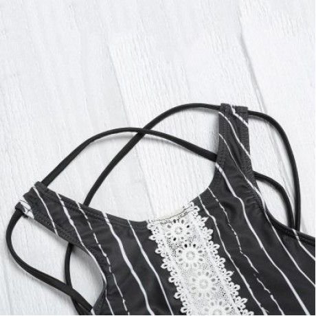 Sexy Female Tied Strap Backless Striped Print Women Bikini Set Swimwear (BLACK)