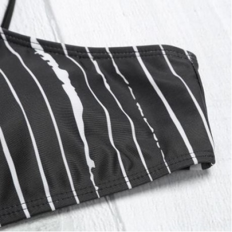 Sexy Female Tied Strap Backless Striped Print Women Bikini Set Swimwear (BLACK)
