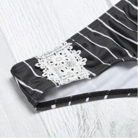 Sexy Female Tied Strap Backless Striped Print Women Bikini Set Swimwear (BLACK)