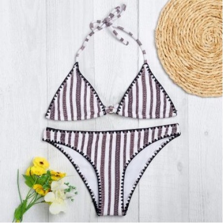 Women Sexy Detachable Padded Striped Bikini Set / Two Piece Female Swimsuit (SILK WHITE)
