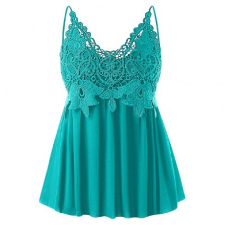 Plus Size Lace Trim Smocked Women Tank Top (MEDIUM TURQUOISE)