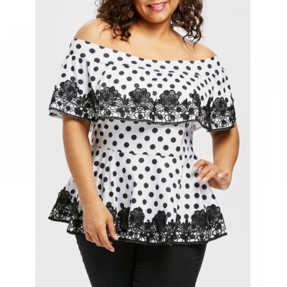 Plus Size Lace Applique Flounce T-shirt (WHITE)