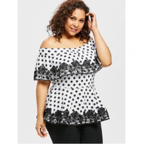 Plus Size Lace Applique Flounce T-shirt (WHITE)