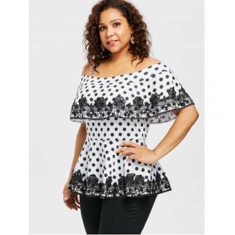 Plus Size Lace Applique Flounce T-shirt (WHITE)