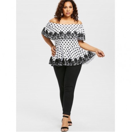 Plus Size Lace Applique Flounce T-shirt (WHITE)