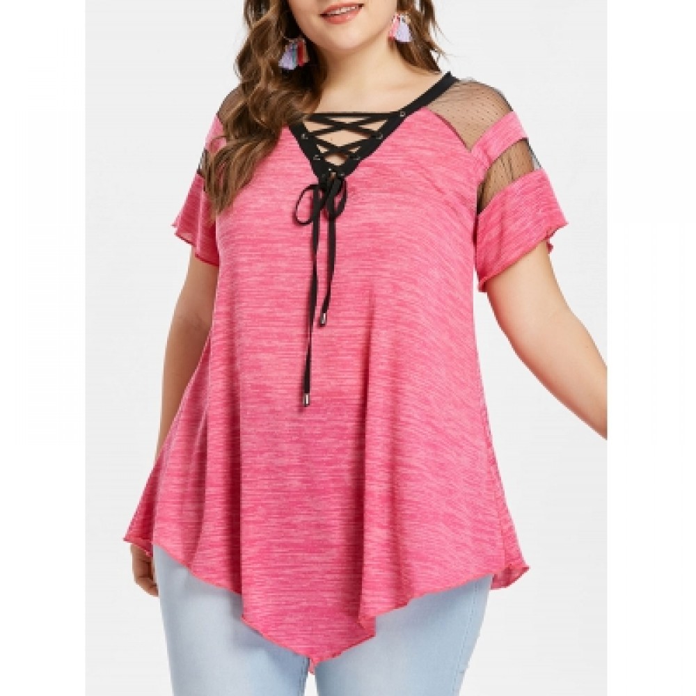 Criss Cross Plus Size Asymmetrical T-shirt (WATERMELON PINK)