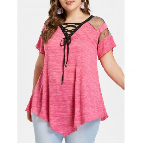 Criss Cross Plus Size Asymmetrical T-shirt (WATERMELON PINK)