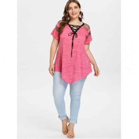 Criss Cross Plus Size Asymmetrical T-shirt (WATERMELON PINK)