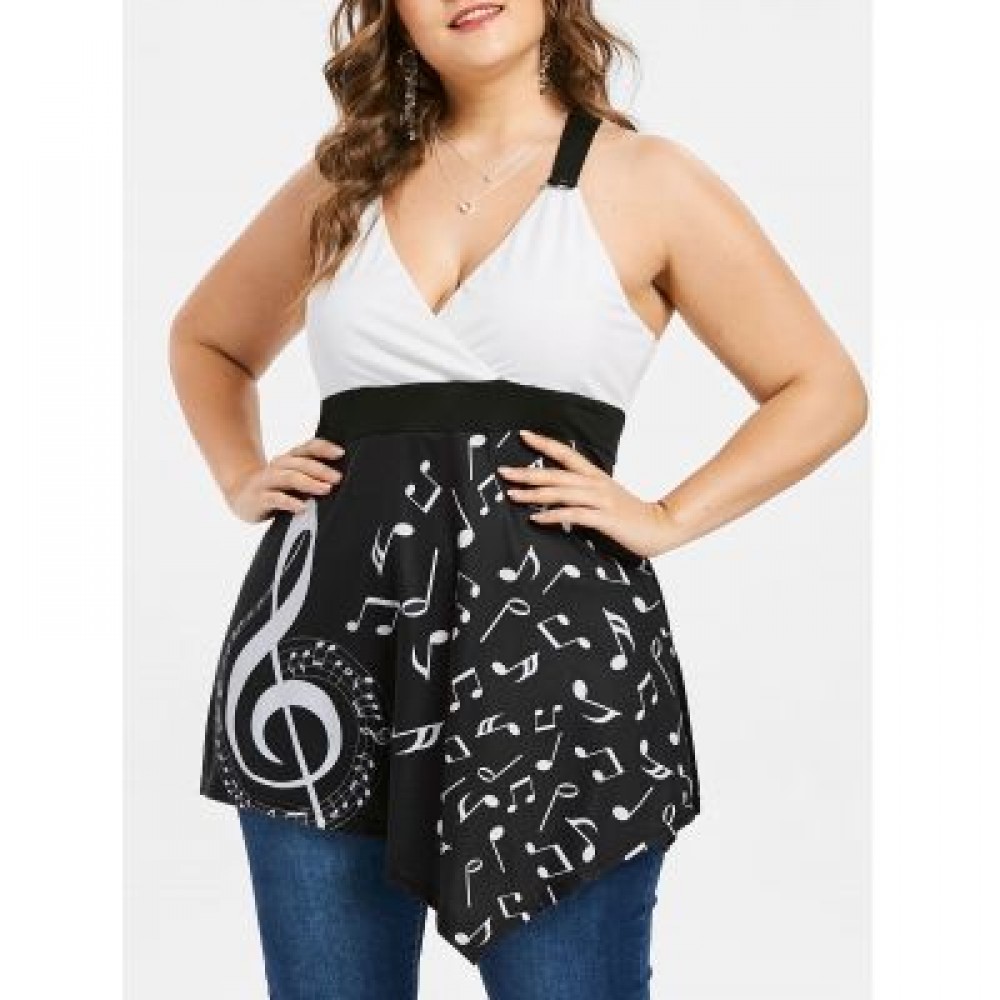 Plus Size Music Notes Asymmetric Tank Top (BLACK)