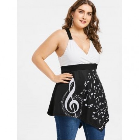 Plus Size Music Notes Asymmetric Tank Top (BLACK)