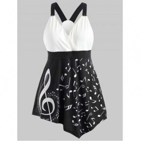 Plus Size Music Notes Asymmetric Tank Top (BLACK)