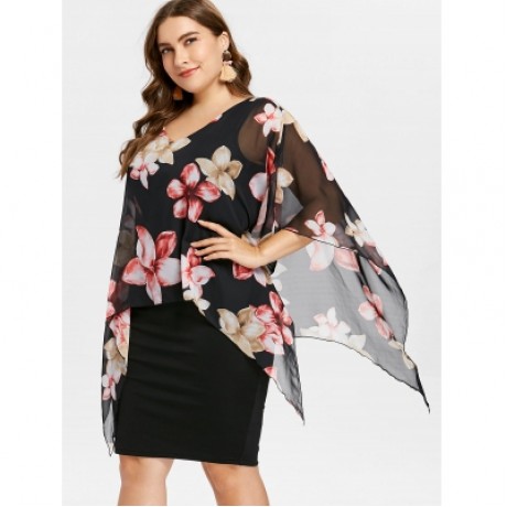 PLUS SIZE OVERLAY KNEE LENGTH FITTED DRESS (BLACK)