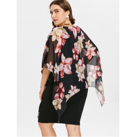 PLUS SIZE OVERLAY KNEE LENGTH FITTED DRESS (BLACK)