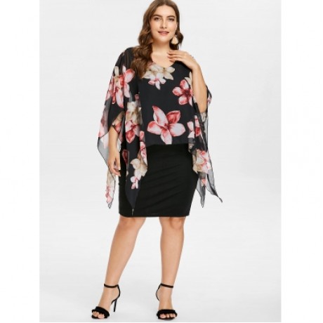 PLUS SIZE OVERLAY KNEE LENGTH FITTED DRESS (BLACK)