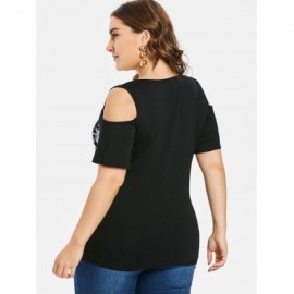 Plus Size Lace Up Feather Print T-shirt  (BLACK)