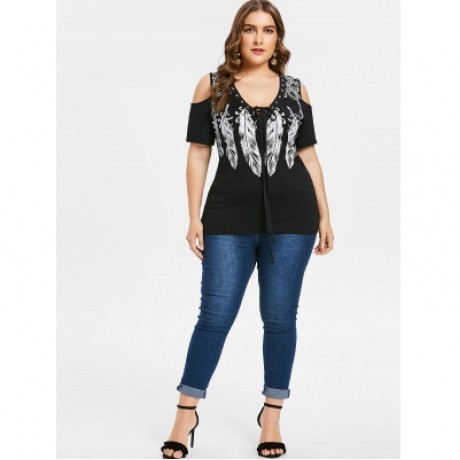Plus Size Lace Up Feather Print T-shirt  (BLACK)