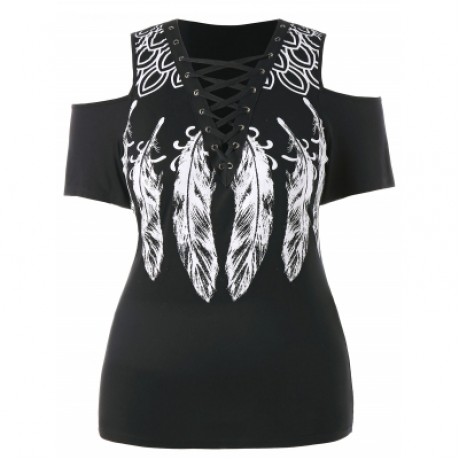 Plus Size Lace Up Feather Print T-shirt  (BLACK)