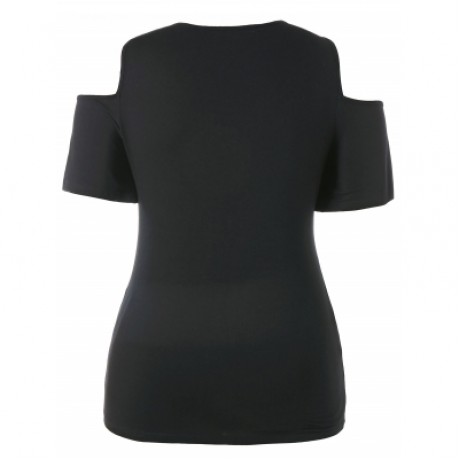 Plus Size Lace Up Feather Print T-shirt  (BLACK)