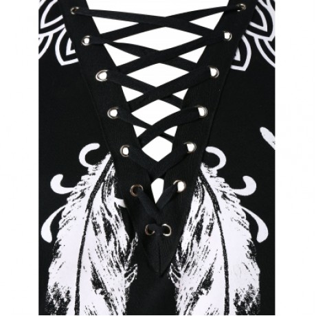 Plus Size Lace Up Feather Print T-shirt  (BLACK)