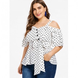 Plus Size Cold Shoulder Polka Dot Blouse (WHITE)