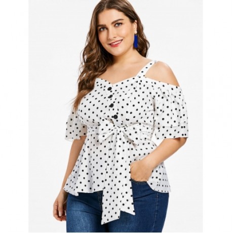 Plus Size Cold Shoulder Polka Dot Blouse (WHITE)