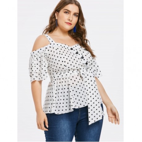 Plus Size Cold Shoulder Polka Dot Blouse (WHITE)