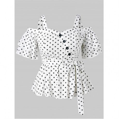 Plus Size Cold Shoulder Polka Dot Blouse (WHITE)