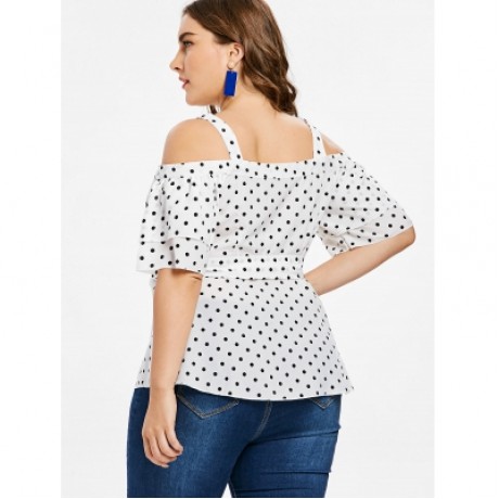 Plus Size Cold Shoulder Polka Dot Blouse (WHITE)
