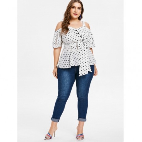 Plus Size Cold Shoulder Polka Dot Blouse (WHITE)