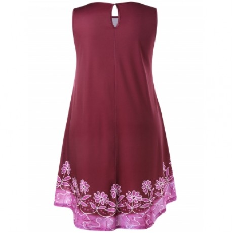 Plus Size Floral Sleeveless Dress (RED WINE)