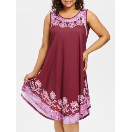 Plus Size Floral Sleeveless Dress (RED WINE)
