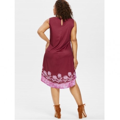 Plus Size Floral Sleeveless Dress (RED WINE)