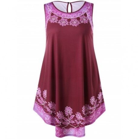 Plus Size Floral Sleeveless Dress (RED WINE)