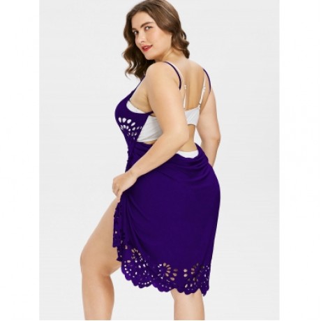 Plus Size Openwork Floral Women Cover Up Dress (PURPLE)